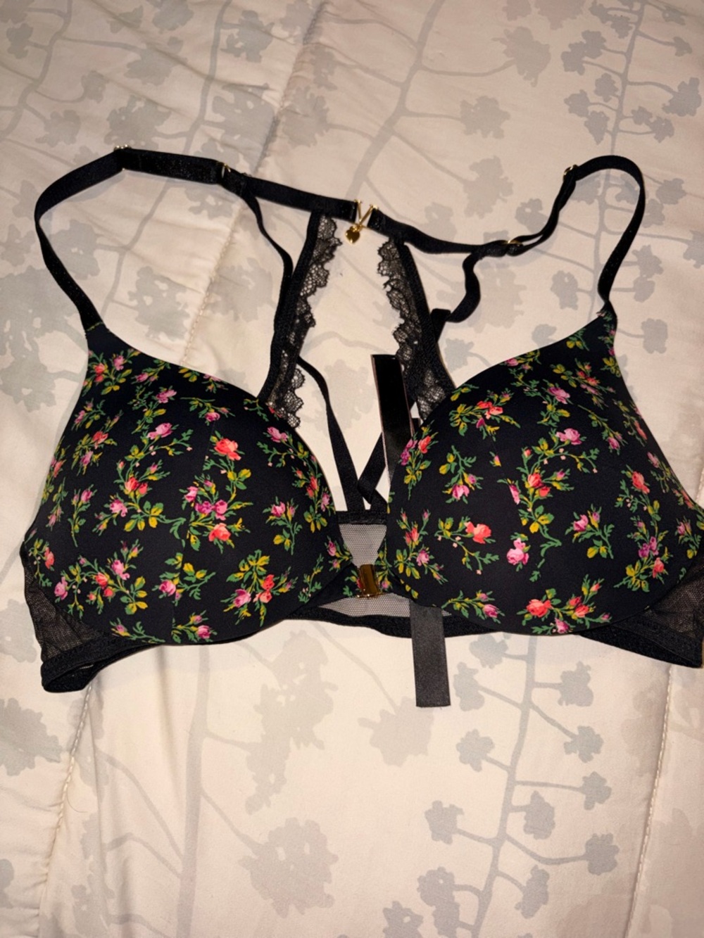 Victoria's Secret Black Floral Push-Up Bra with Pink & Green Accents
